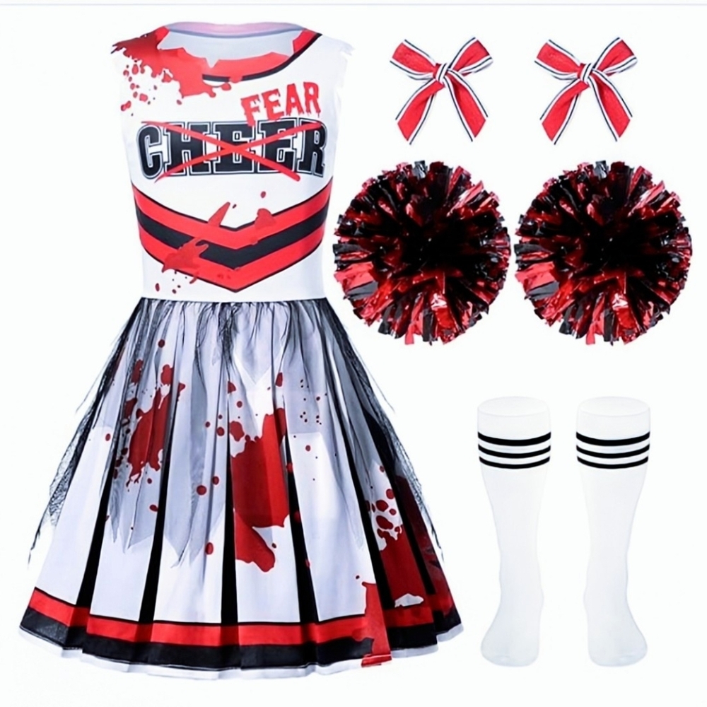 NWT Halloween Zombie Cheerleader Costume Girls Dress Red White Kids Outfit - Picture 2 of 7